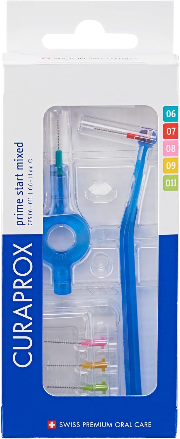 Curaprox CPS prime start mixed interdental brush set with five brush sizes and two holders