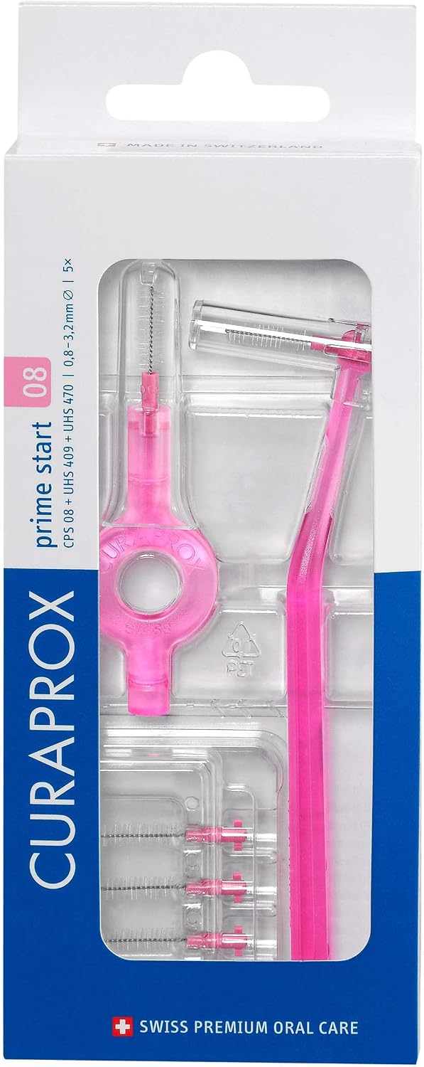Curaprox CPS prime start 08 pink interdental brush set with five brushes and two holders