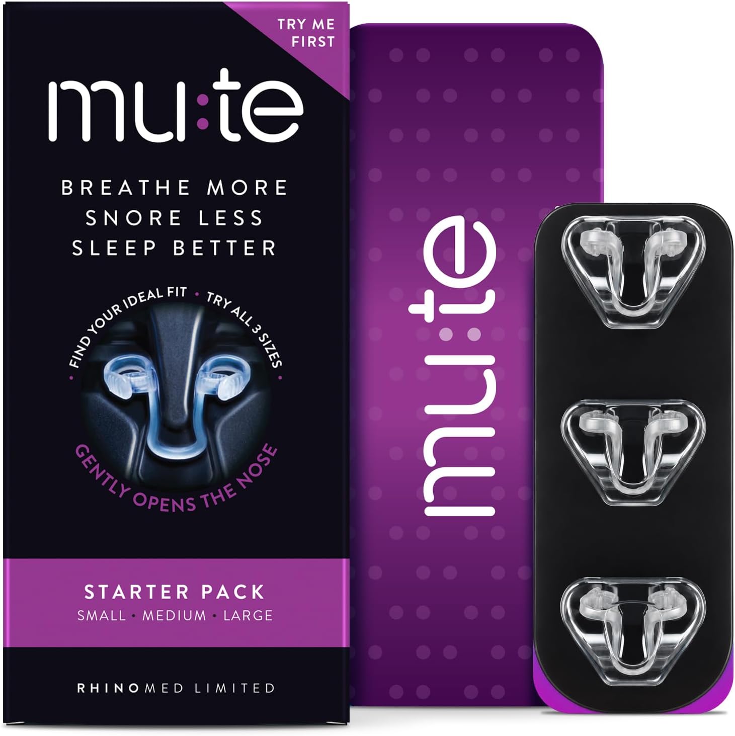 Rhinomed Mute nasal dilator starter pack with small, medium and large sizes