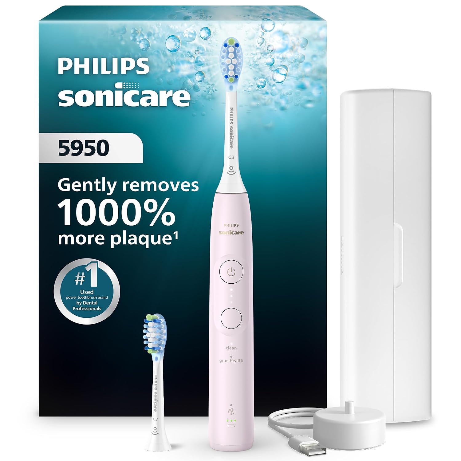 Philips Sonicare 5950 pink electric toothbrush with two brush heads, charger and travel case