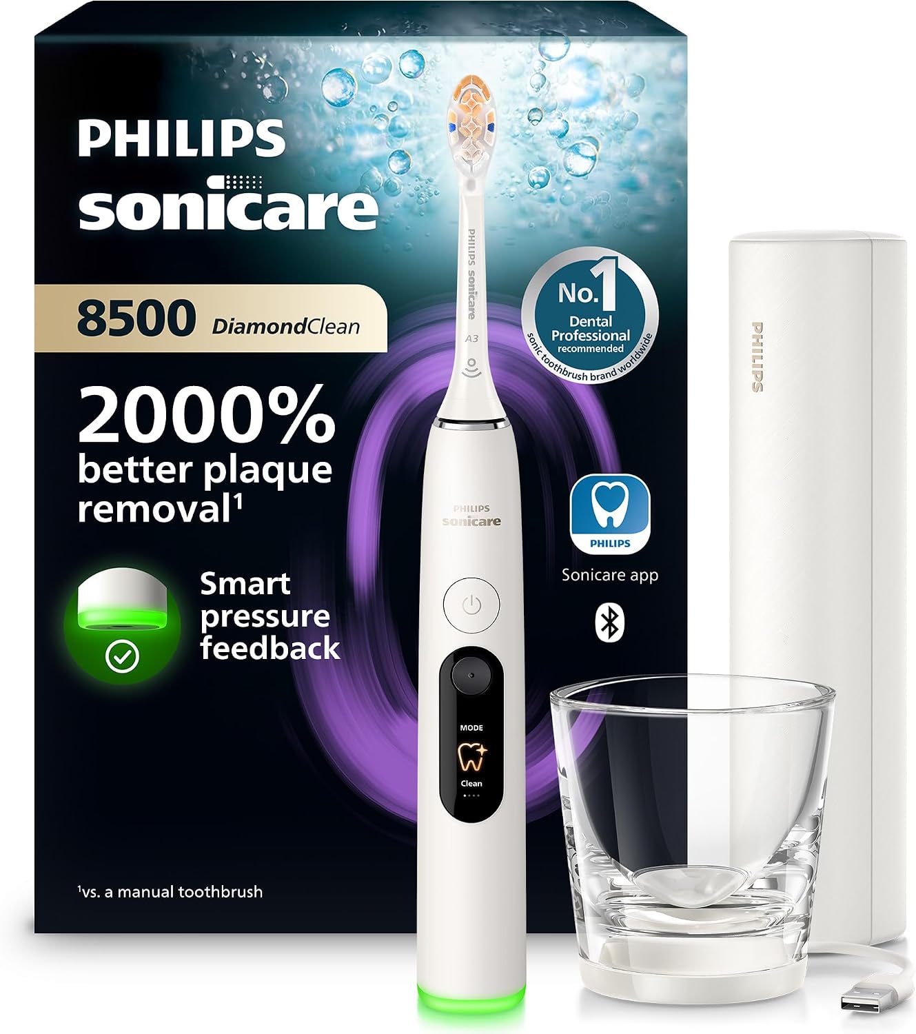 Philips Sonicare DiamondClean 8500 electric toothbrush in Powder White with charging glass and travel case