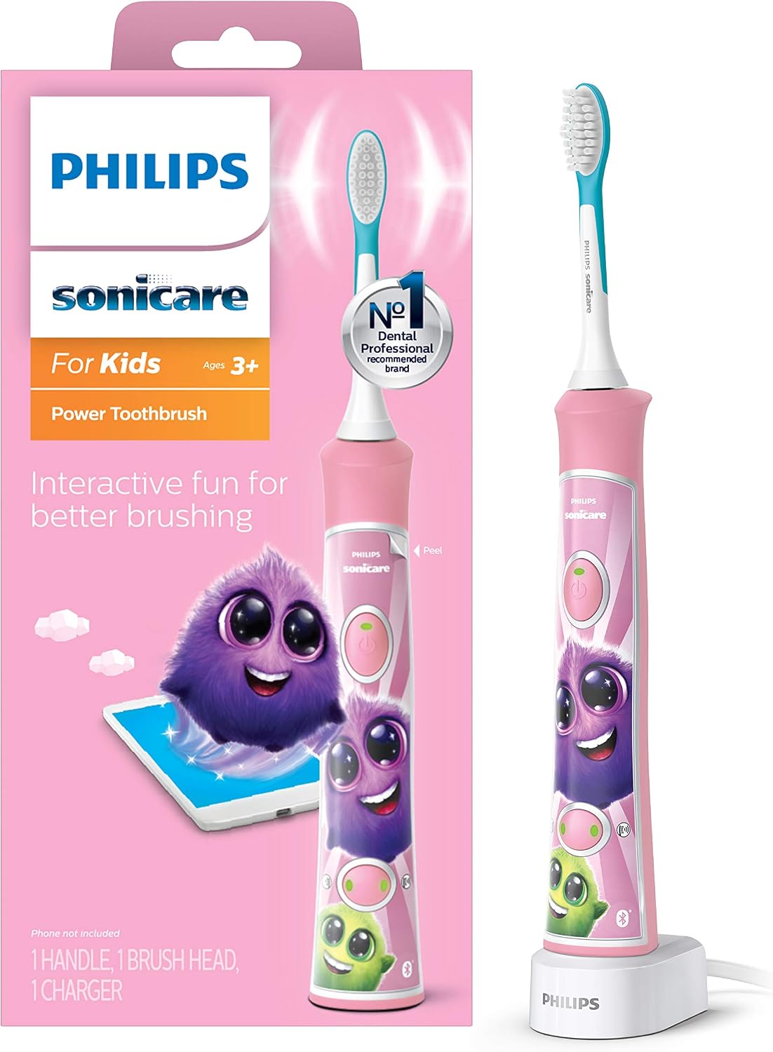Philips Sonicare for Kids pink electric toothbrush with one brush head and charger